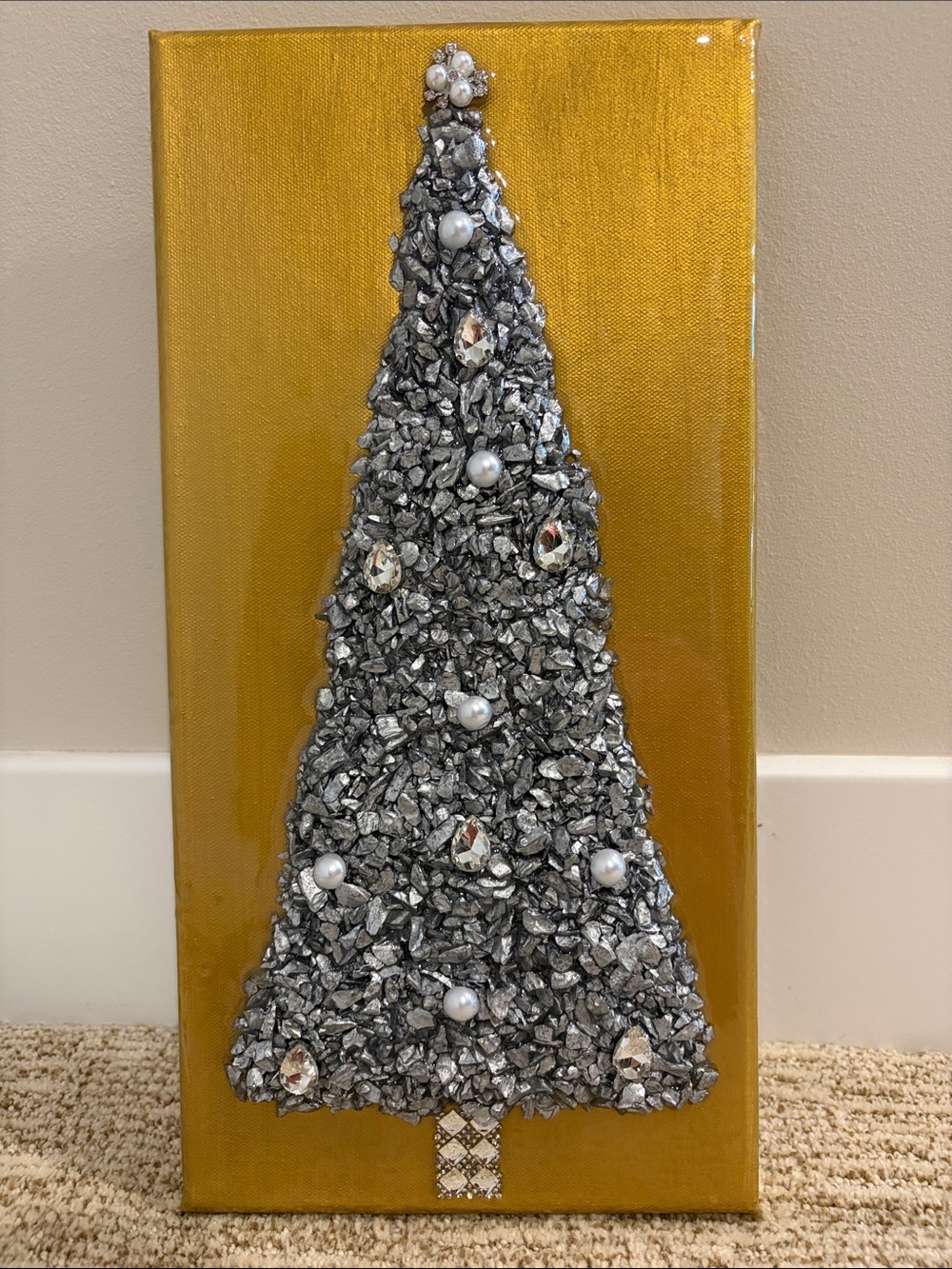 Metallic Silver Tree on Gold Canvas Holiday Wall Art